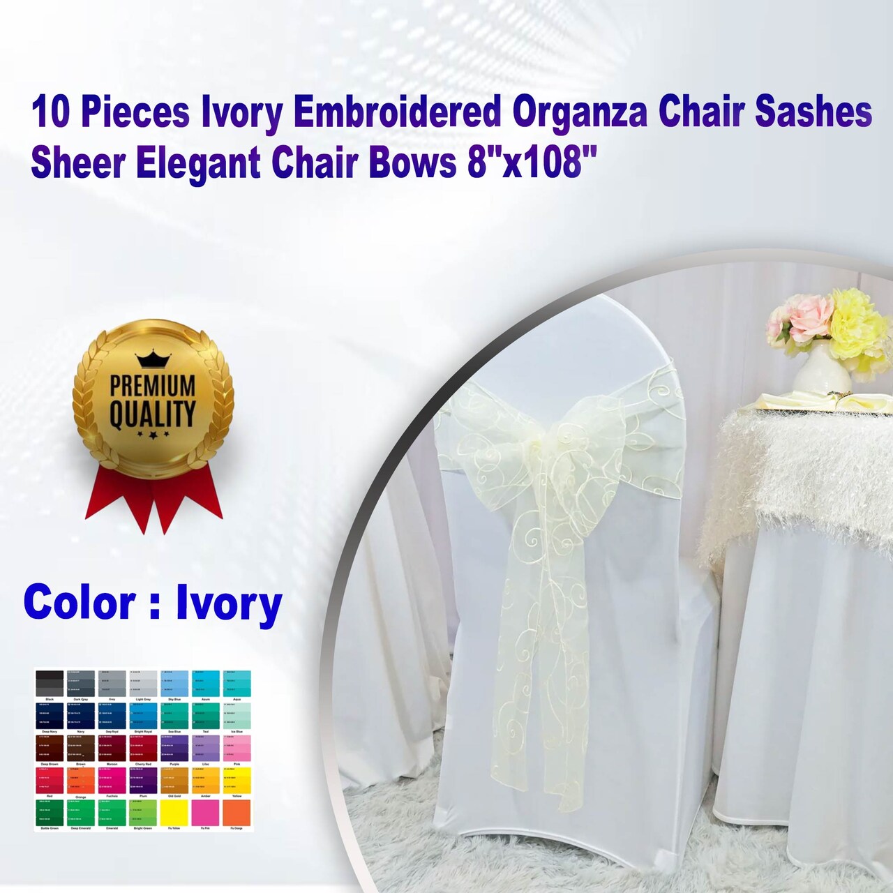 10 Pieces Ivory Embroidered Organza Chair Sashes Sheer Elegant Chair Bows 8"x108"